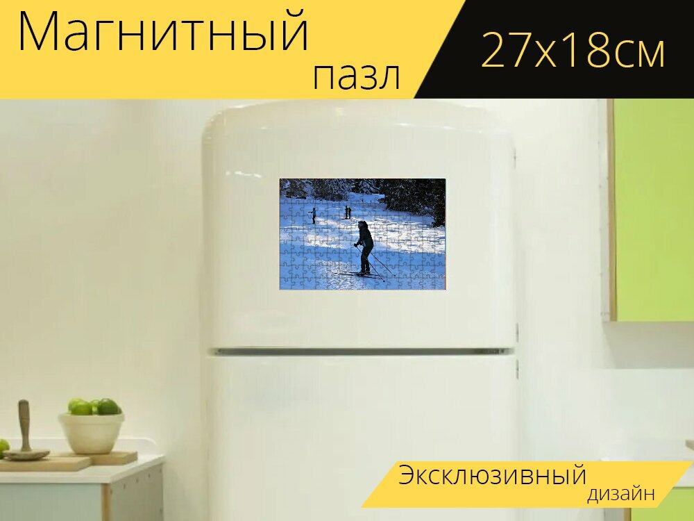 Магнитный пазл "Лыжники, зимние виды спорта, снег" на холодильник 27 x 18 см.