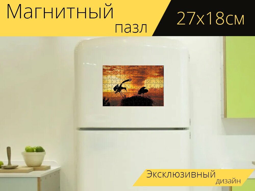 Магнитный пазл "Аист, птица, цикония цикония" на холодильник 27 x 18 см.