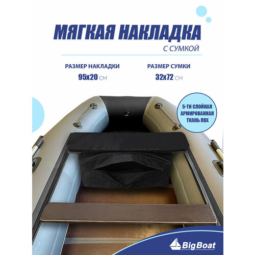 Мягкая накладка на сидение (банку) с сумкой для лодки ПВХ (1 шт), черный, 950х200х20