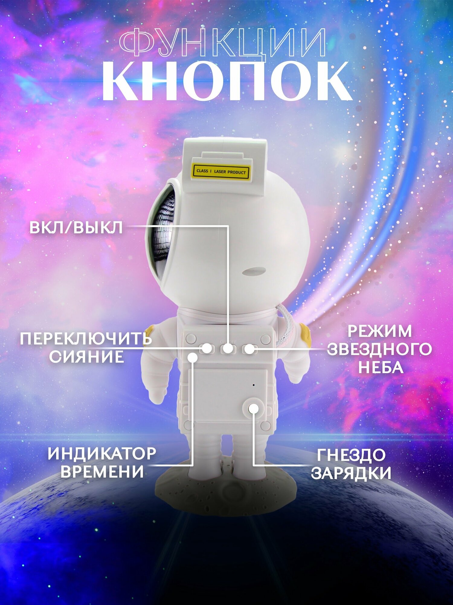 Ночник лазерный проектор звёздное небо Космонавт с пультом - фотография № 6