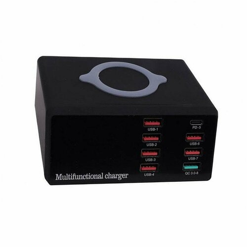 Зарядная станция 8 портов USB-A, QC 3.0, беспроводная зарядка 10W, black