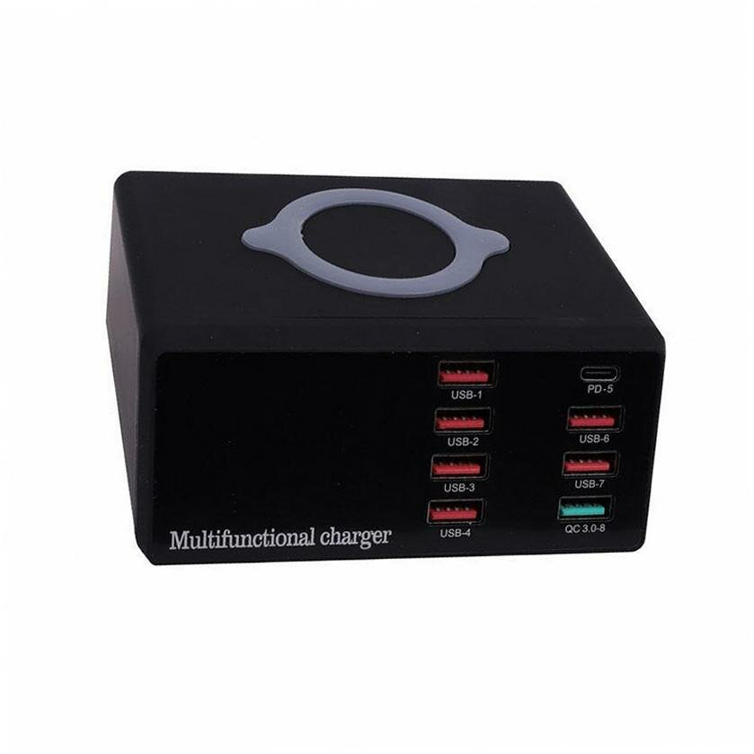Зарядная станция 8 портов USB-A, QC 3.0, беспроводная зарядка 10W, черный