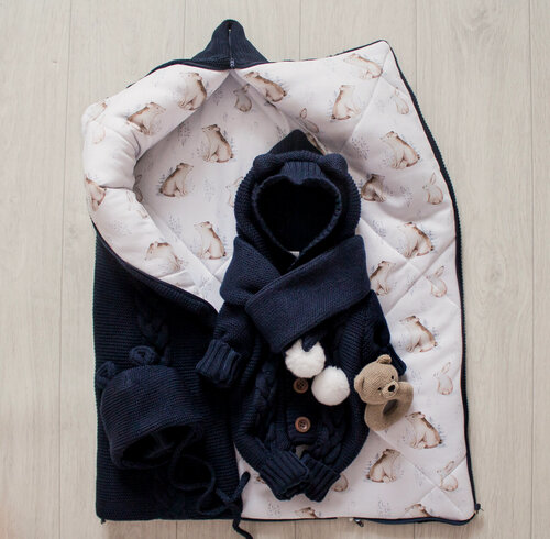 Изображение товара Демисезонный вязаный детский комплект на выписку, 3 предмета, 30% шерсть, MAMINY ZAPISKY, 62 размер (0-3мес), синий