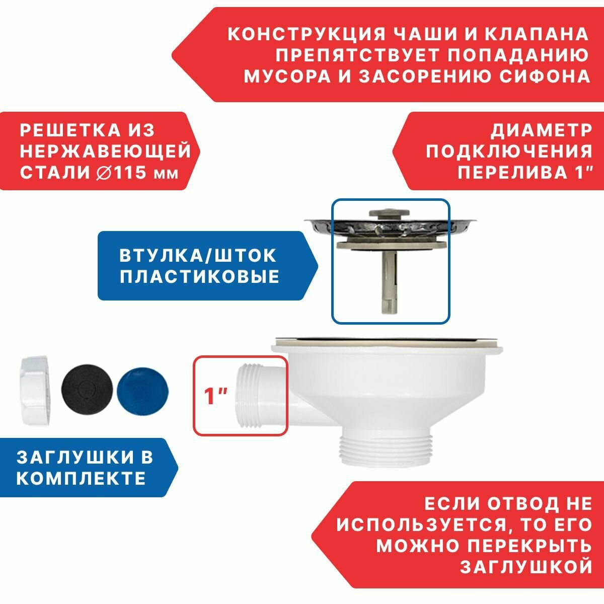 Выпуск в сборе 3.1/2" нержавеющая чашка, пластиковые втулка и шток - фотография № 3