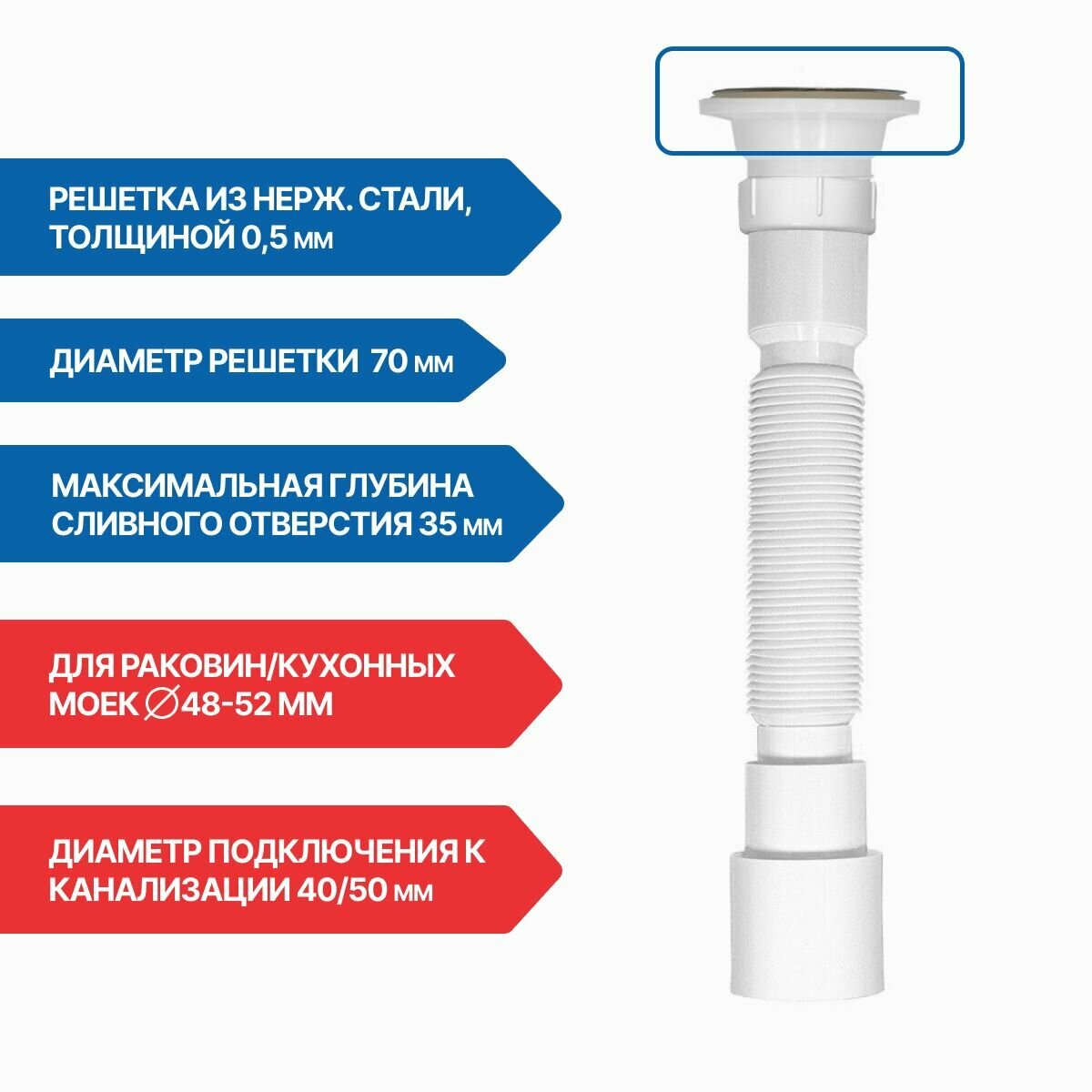 Гофросифон универсальный для раковины 800 мм 1.1/2" х 40/50 - фотография № 3