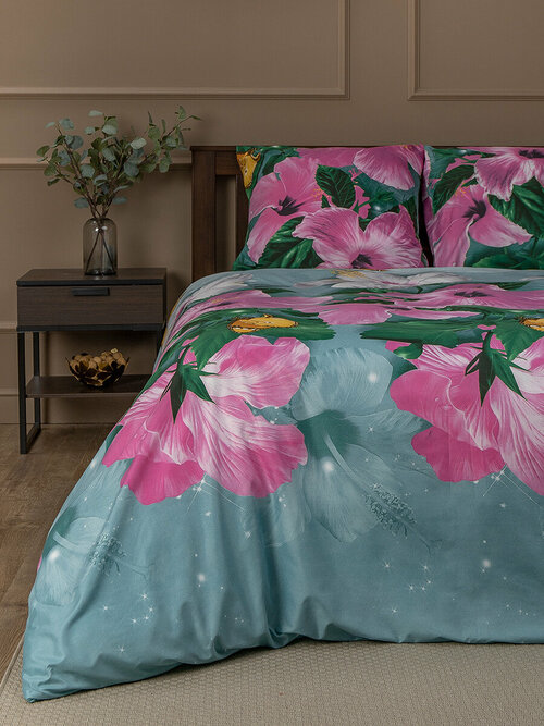 Постельное белье Amore Mio серии Макосатин 1,5 спальное, микрофибра, полисатин, комплект зеленый, розовый с рисунком цветы