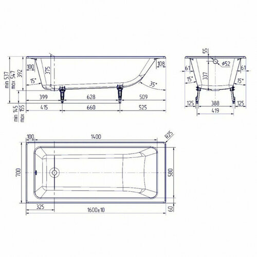 Ванна чугунная Delice Parallel 160x70 DLR220504-AS без ручек