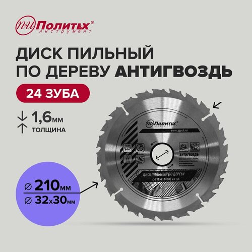Диск пильный по дереву Антигвоздь 210 мм 24 зубьев Политех Инструмент 683₽