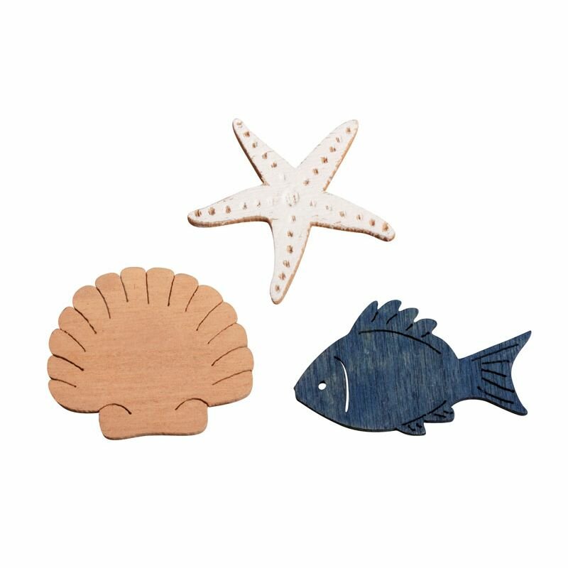 Набор декоративных элементов Rayher "Рыбки, ракушки и морские звезды", серые, бежевые, синие, 9 шт