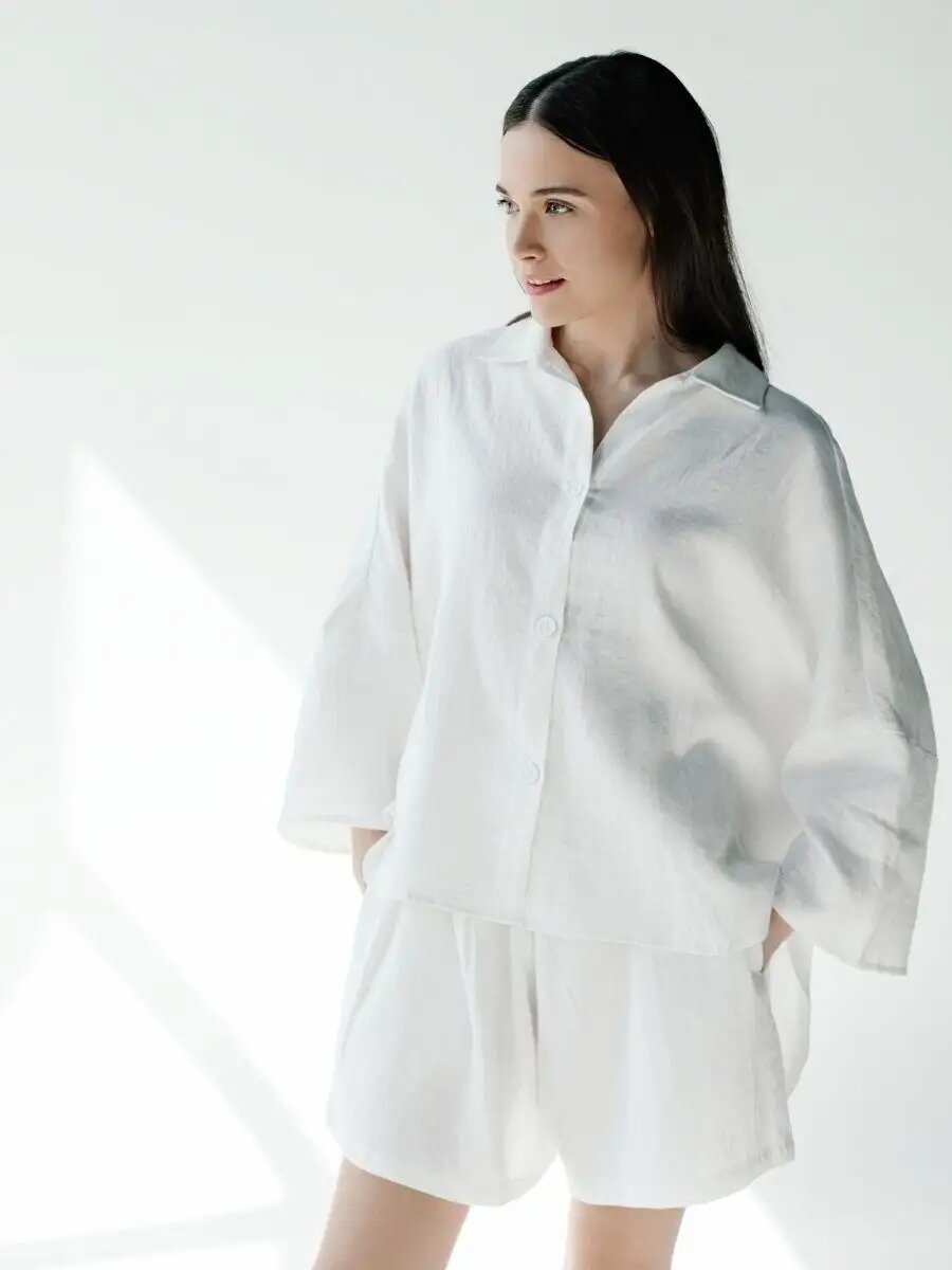 Пижама женская с шортами лен Домашний костюм - фотография № 2