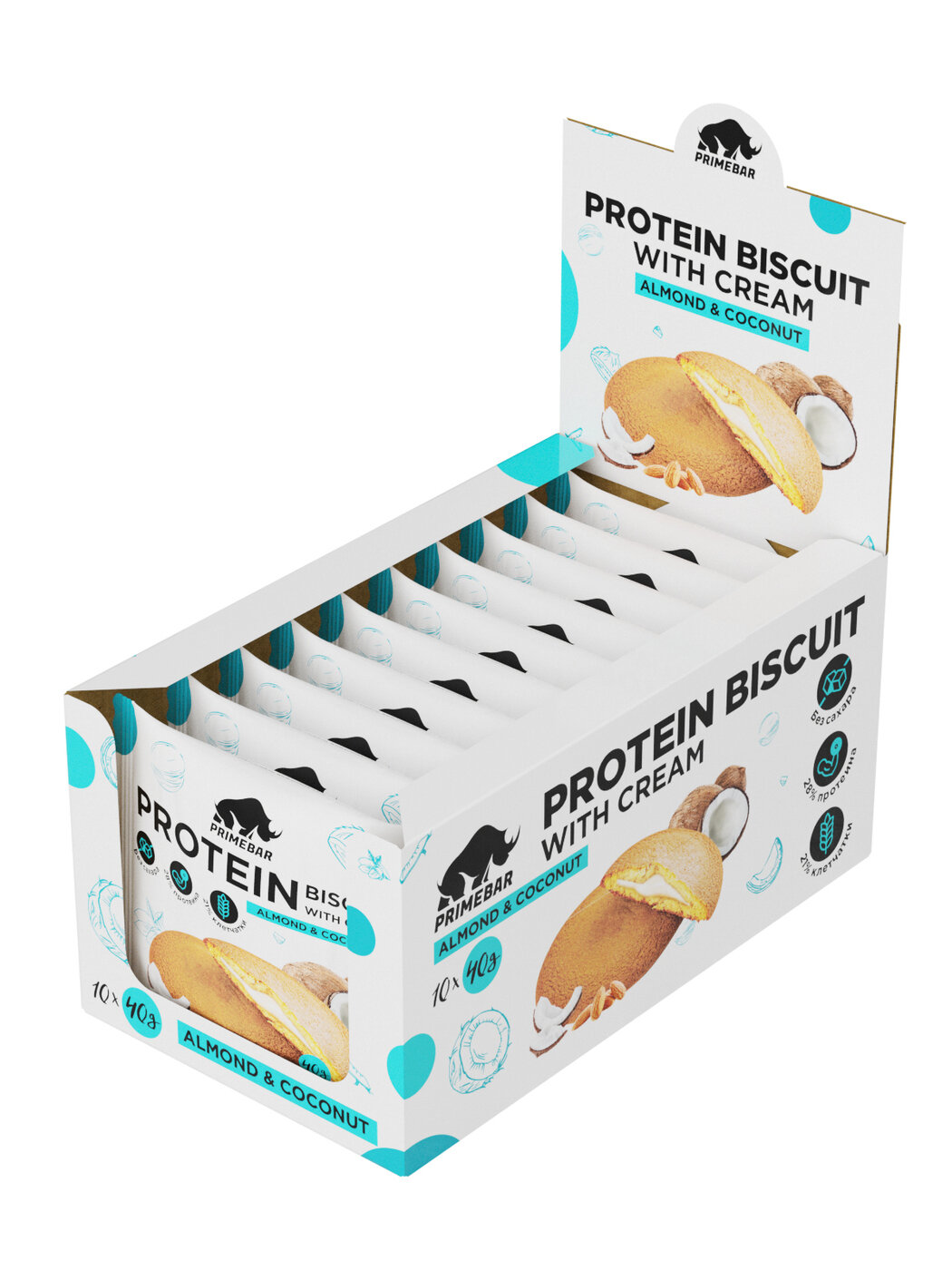 Протеиновое печенье PRIMEBAR PROTEIN BISCUIT, 10 шт*40 гр, вкус: кокос и миндаль