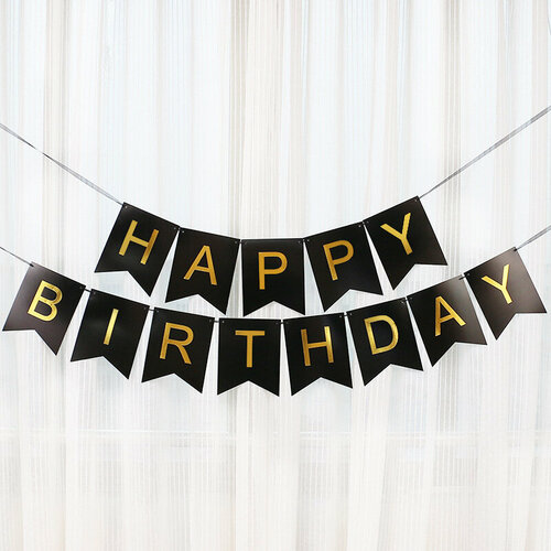 фото Гирлянда флажки, happy birthday, черный/золото, металлик, 500 см, 16*12 см, 1 упак. волна веселья