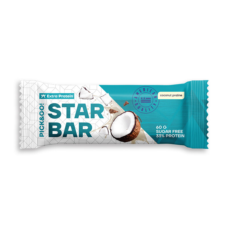 Протеиновые батончики без сахара в темном шоколаде, STARBAR Extra Protein, 12 шт по 60 г, Вкус: кокосовое пралине