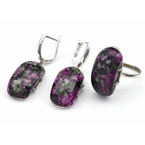 Комплект бижутерии: кольцо, серьги, кахолонг, размер кольца 18, черный, фиолетовый