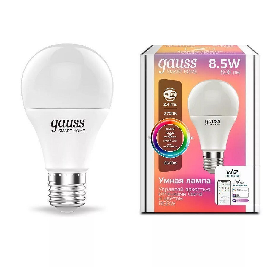 Лампа Gauss Smart Home A60 E27, 8,5 Вт, 806ЛМ, 2700-6500К RGBW+изм. цвет. темп.+диммирование