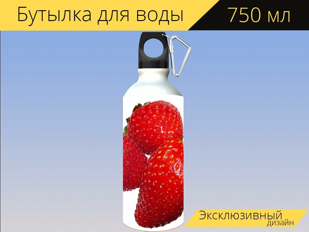 Бутылка фляга для воды "Клубника, фрукты, свежий" 750 мл. с карабином и принтом