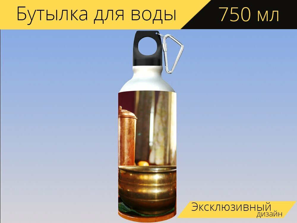 Бутылка фляга для воды "Медный сосуд, медь, кувшин для воды" 750 мл. с карабином и принтом