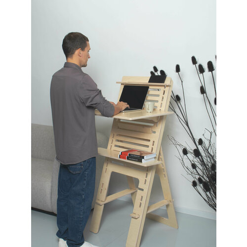 FocusDesk - стол-трансформер, для работы стоя и сидя. Прозрачный лак. Большая столешница.
