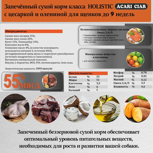 Запеченный сухой корм для щенков до 9 месяцев Acari Ciar A Baked Junior с цесаркой и олениной 6 кг (гранула медиум)
