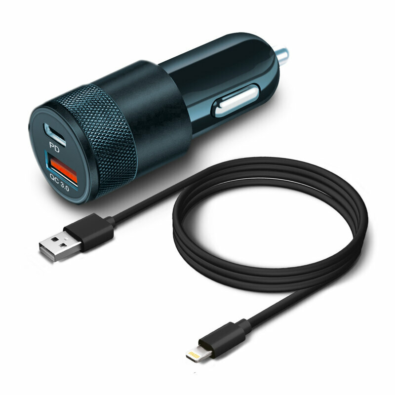 Автомобильное зарядное устройство Borasco Power Delivery + QC 3.0, 38W+ Кабель USB-C - 8 pin, черный