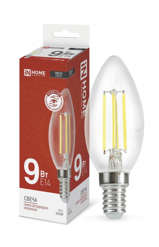 Лампа светодиодная IN HOME LED-СВЕЧА-deco, E14, C37, 9 Вт, 4000 К
