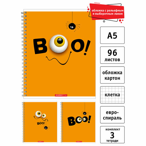 Тетрадь общая 96 листов, А5, клетка, евроспираль,3 шт, Boo, Academy Style,11987/3