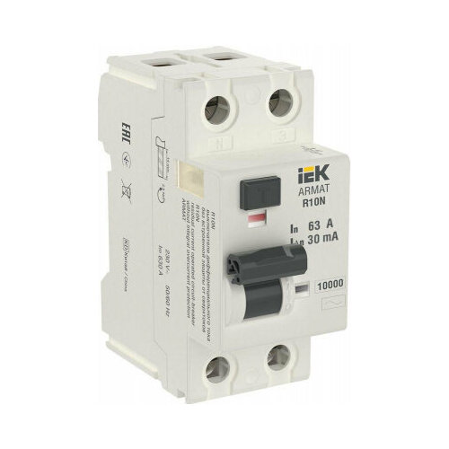 Выключатель дифференциального тока (УЗО) 2п 63А 30мА тип AC ВДТ R10N ARMAT | код AR-R10N-2-063C030 | IEK (1 шт.) выключатель дифференциального тока узо 2п 80а 30ма тип ac dx3 leg legrand 411507 1 шт
