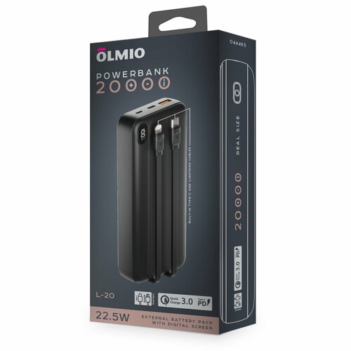 Портативное зарядное устройство Olmio L-20 20000mAh, 22,5W, QC 3.0, PowerDelivery, черный