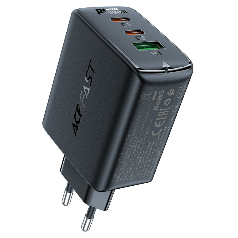 Сетевое зарядное устройство ACEFAST A41 PD65W GaN (2xUSB-C + USB-A) Fast Charge Wall Charger чёрное (EU)
