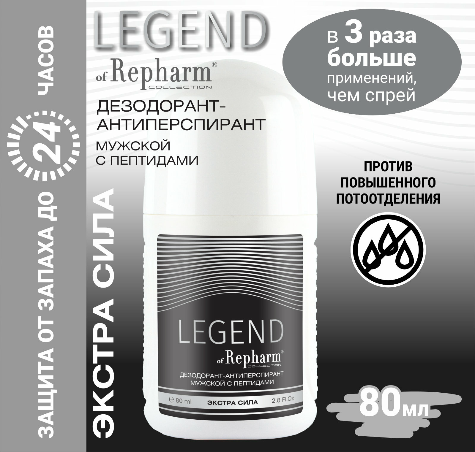 Дезодорант - антиперспирант Legend of Repharm COLLECTION экстра сила мужской с пептидами, 80 мл