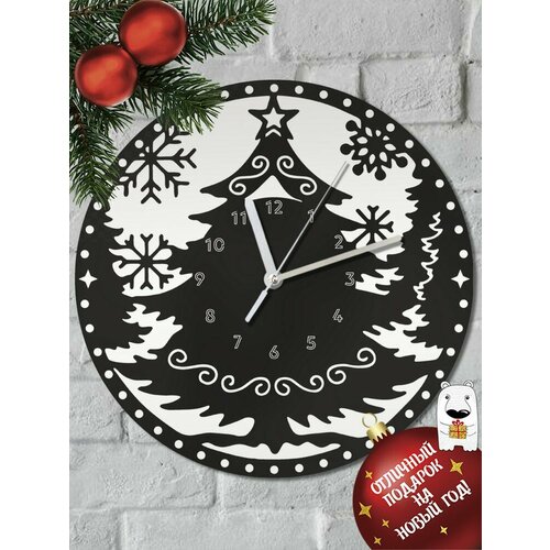 Настенные деревянные бесшумные часы Новый год Ёлка (снежинки, украшения) - 6138