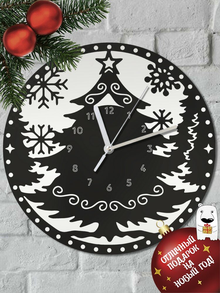 Настенные деревянные бесшумные часы Новый год Ёлка (снежинки, украшения) - 6138