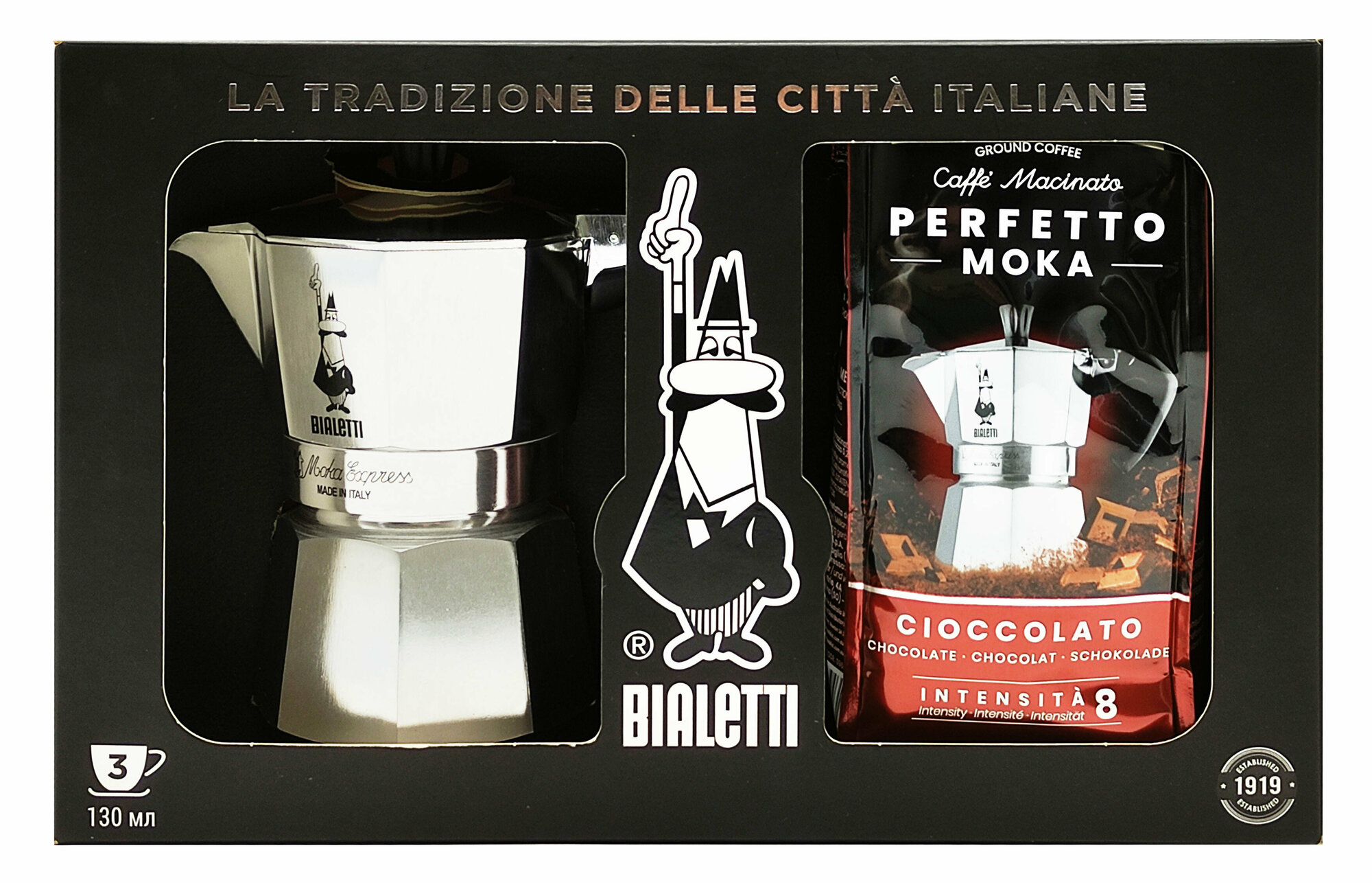 Подарочный набор Bialetti Гейзерная кофеварка Moka Express на 3 порции и молотый кофе Perfetto Moka Шоколадный 250 г