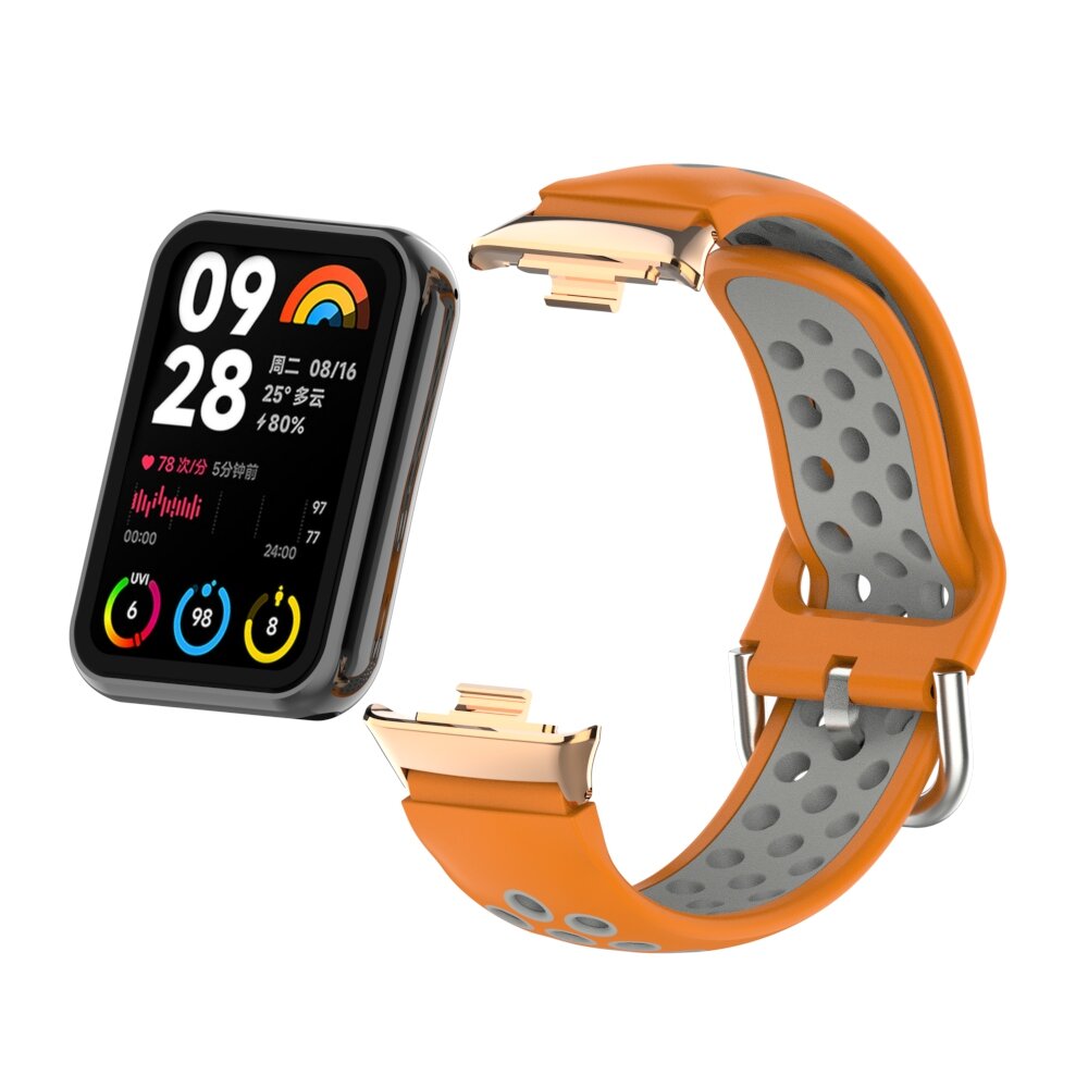 Двухцветный силиконовый ремешок для Xiaomi Mi Band 8 Prо, серо-оранжевый — фото 2
