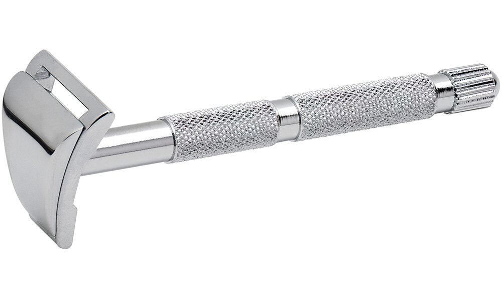 Станок контурный для бритья MERKUR, прямой срез, короткая ручка, глянцевое хромированное покрытие, лезвие в комплекте (1 шт) 907000