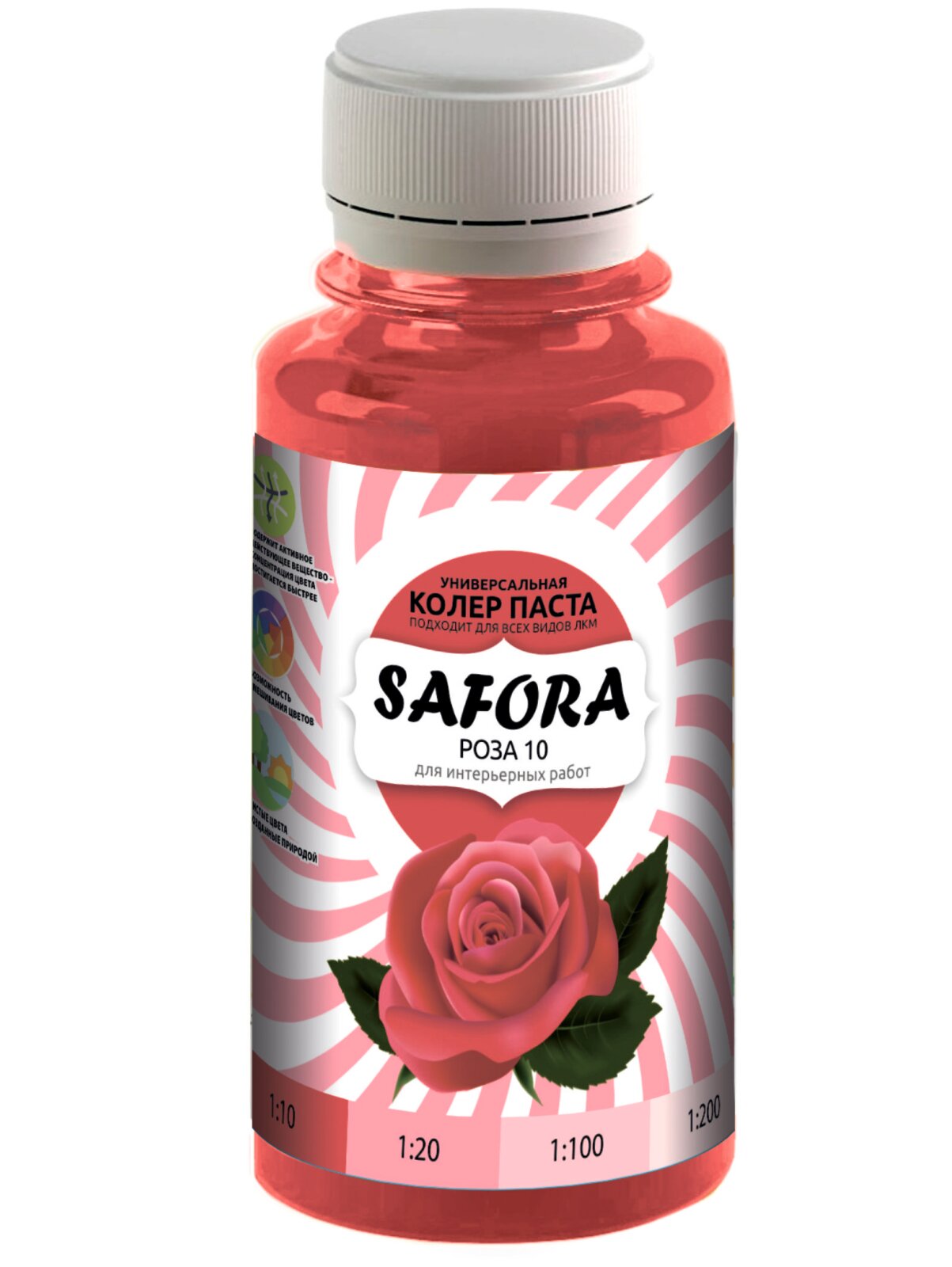 Колеровочная паста 10 роза, колер красный SAFORA 100мл, колер для краски, штукатурки и других материалов, колер паста