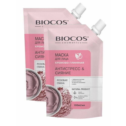 Маска для лица BioCos на основе розовой глины Антистресс и Сияние Дой-пак 100 мл. х 2 шт.