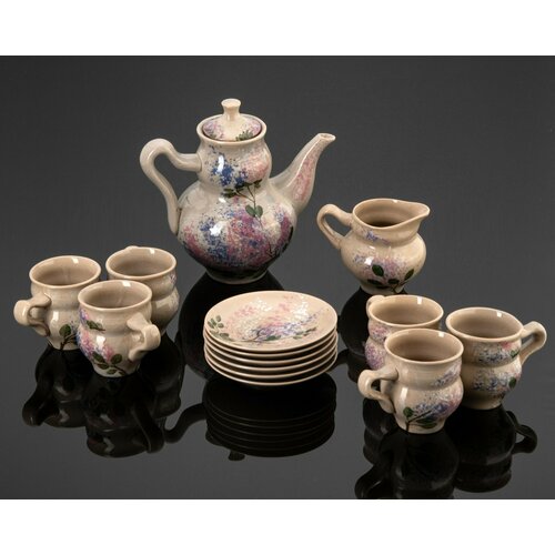 Сервиз чайный на 6 персон с декором в виде сирени (14 предметов), керамика, глазурь