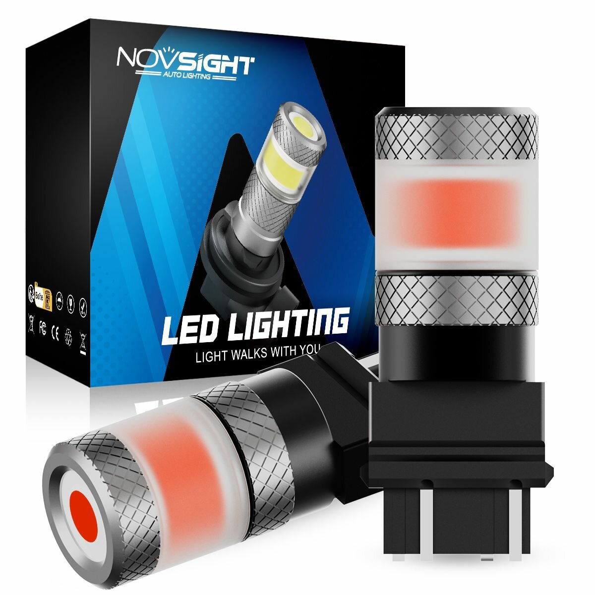 Светодиодная лампа Novsight SL7 3157 P27/7W цоколь WX2,5x16q 2шт двухконтактная красный свет LED автомобильная