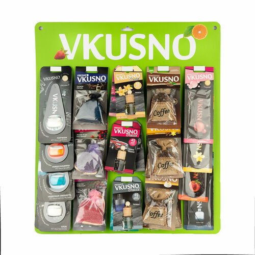 Ароматизаторы на планшете «Vkusno» MIX Пятерка (34шт, 23 SKU, мешки кофе, мешки гранулы, флаконы, мембраны, картон)