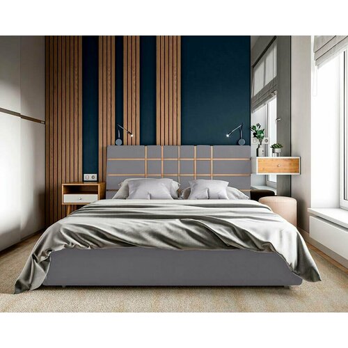 Двуспальная кровать 120x200, Beatris, с мягким изголовьем, с ящиком, велюр, серый