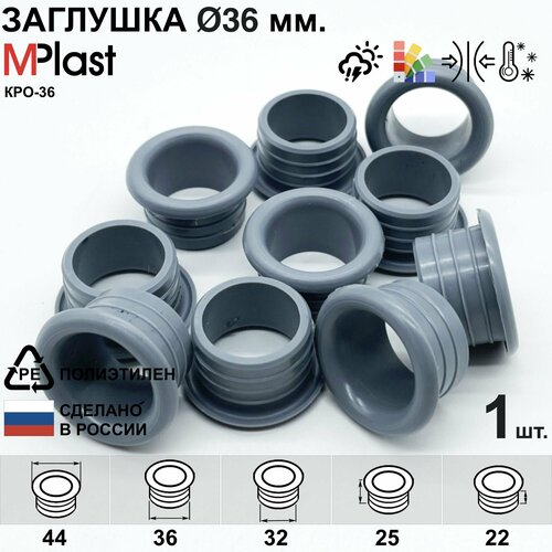 Заглушка круглая 36 мм, с отверстием для кабеля, декоративная, для труб и профилей, пластиковая, мебельная, серая, 1 шт.