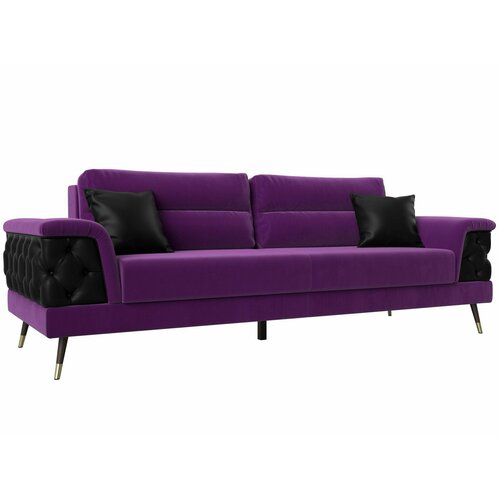Прямой диван-кровать Лига-023, Микровельвет фиолетовый, Экокожа черная