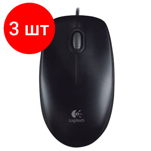 Комплект 3 шт, Мышь проводная LOGITECH B100, USB, 2 кнопки + 1 колесо-кнопка, оптическая, черная, 910-003357 мышь logitech b100 white 910 003360