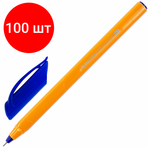 Комплект 100 шт, Ручка шариковая масляная BRAUBERG Extra Glide Orange, синяя, трехгранная, узел 0.7 мм, линия письма 0.35 мм, 142925