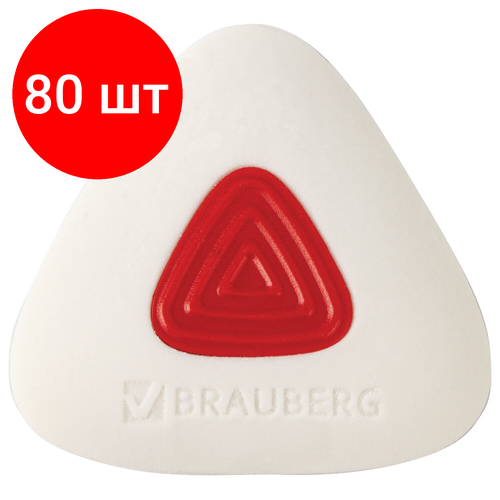 Комплект 80 шт, Ластик BRAUBERG Trios PRO, 36х36х9 мм, белый, треугольный, красный пластиковый держатель, 229559