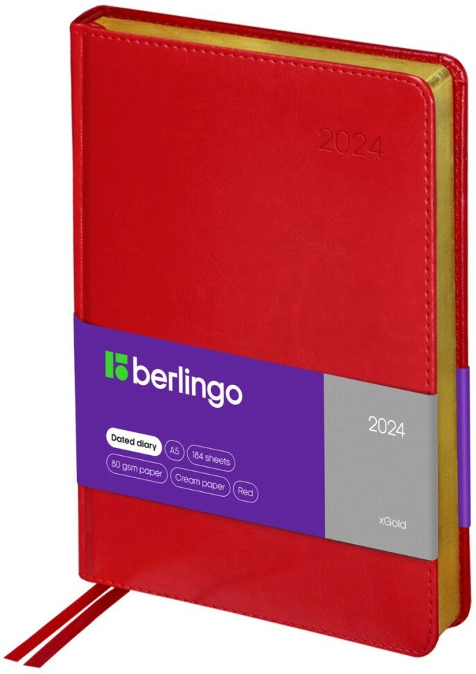 Ежедневник датированный 2024 г, А5, Berlingo xGold, золотой срез, кожзам, красный