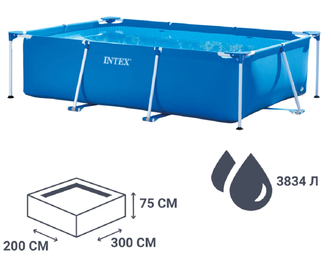 Бассейн каркасный прямоугольный 300х200х75 см, от 6 лет, Frame Set, без аксессуаров, Intex 28272