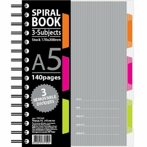 Тетрадь Тетрадь 140л, кл, А5, SPIRAL BOOK Серый, евроспир, обл. пласт, раздел.84109