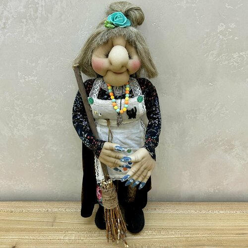 Кукла-оберег ручной работы Баба Яга с цветочком 50 см
